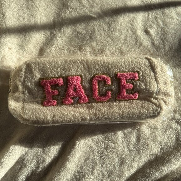 NWT, Chenille Letter Preppy Patches Travel Bag, "FACE" Pouch, Cream with Pink - Picture 1 of 13